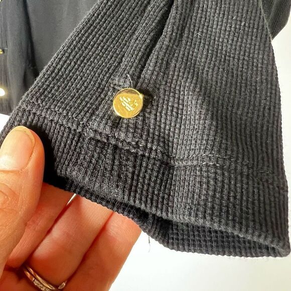 Lauren Ralph Lauren Black Cold Shoulder Waffle Knit Gold Button Open Sleeve - Picture 3 of 9
